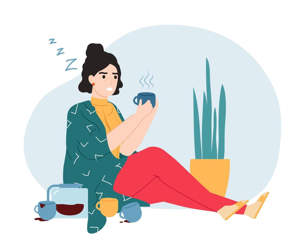 Caffeine addiction. Sleepy and tired woman with caffeine dependence, abnormal behaviour and unhealthy lifestyle concept vector illustration