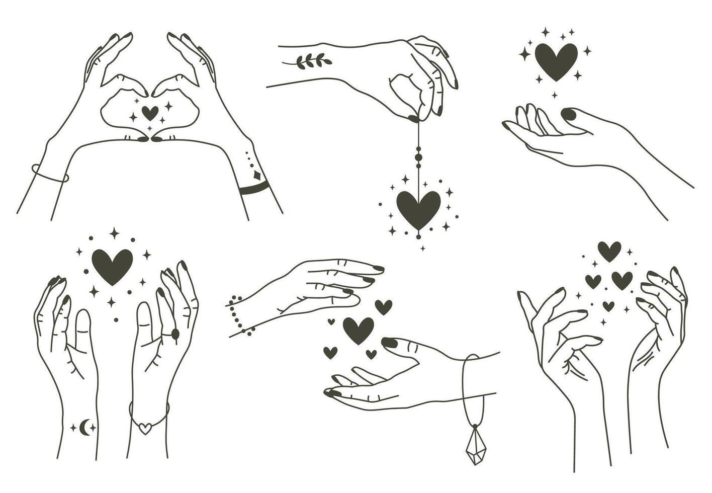 magia manos con corazones. boho lineal estilo místico mano, mano dibujado brazos con magia corazón. mágico manos mantener corazones vector símbolos conjunto