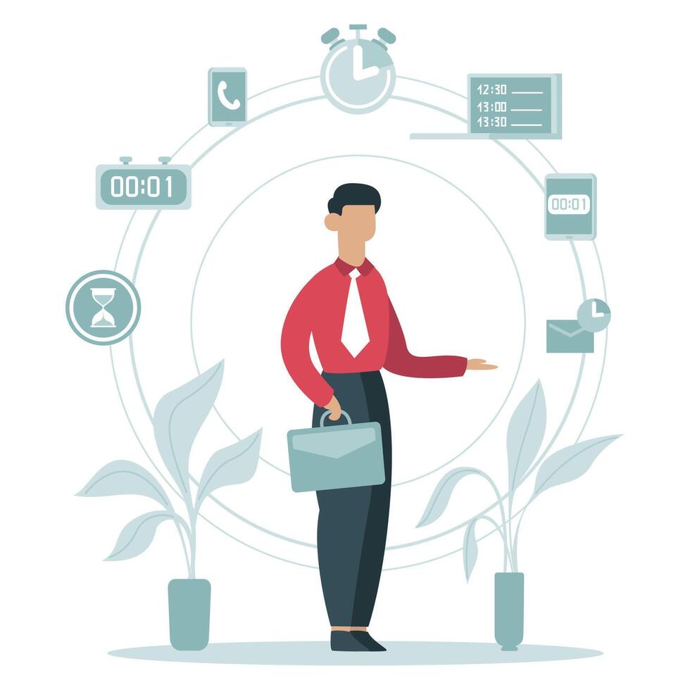 Time management concept. Businessman planning work tasks, timing schedule, business worker surrounded time icons vector illustration