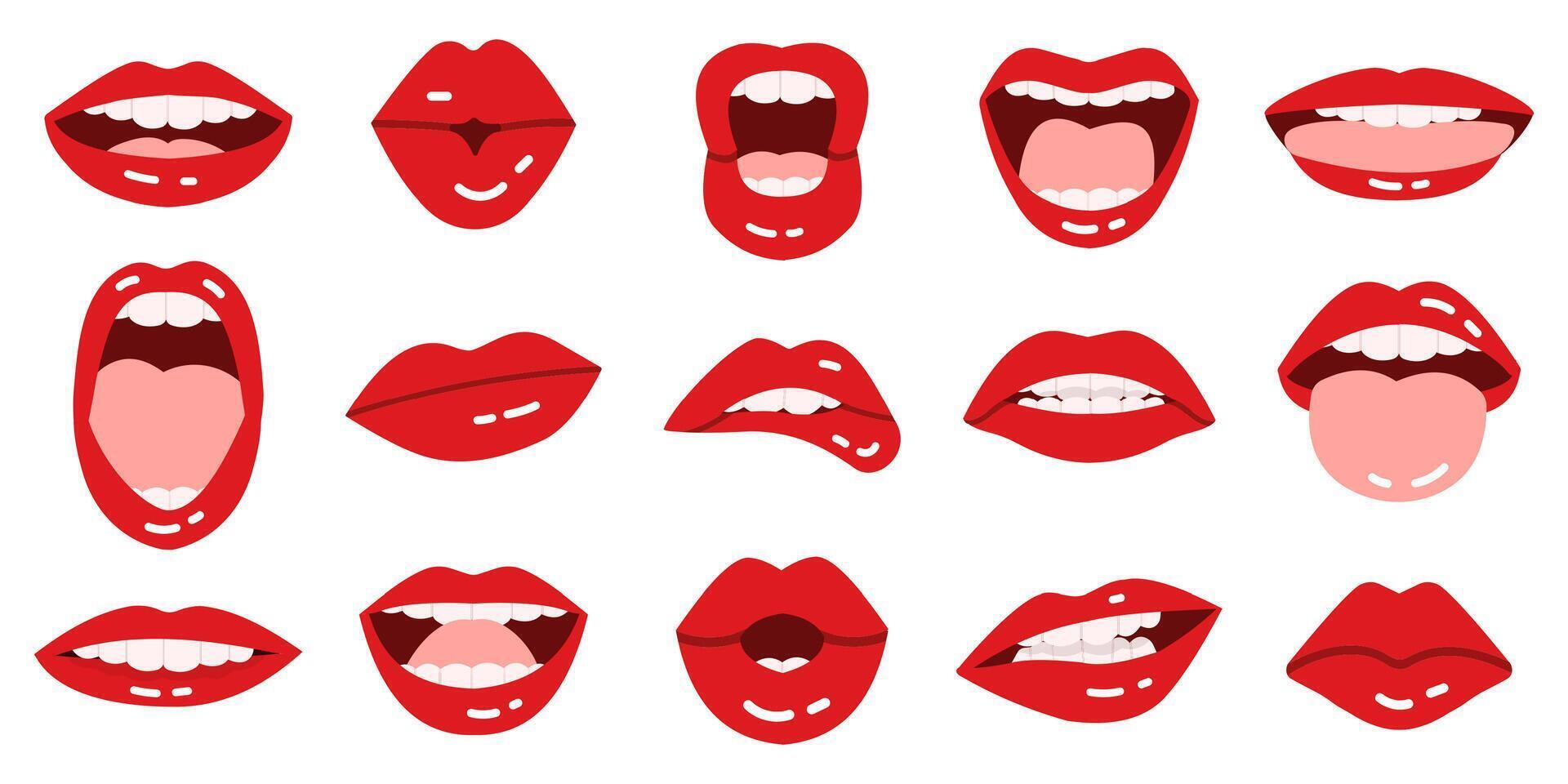 dibujos animados labios. muchachas rojo labios, hermosa sonriente, besando, espectáculo lengua, rojo labios con expresivo emociones aislado vector ilustración íconos conjunto