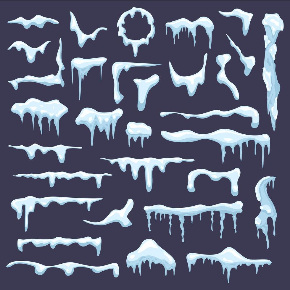 invierno nieve carámbano. escarchado glacial azul fronteras, congelado capa de nieve, blanco carámbanos hielo firmar, escarchado nieve tapas aislado vector ilustración íconos conjunto