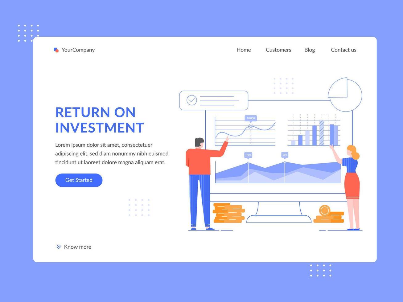 Return on investment. ROI analytics, people analyze financial strategy and income growth graphs landing page template flat vector illustration. Generating income web banner, homepage design