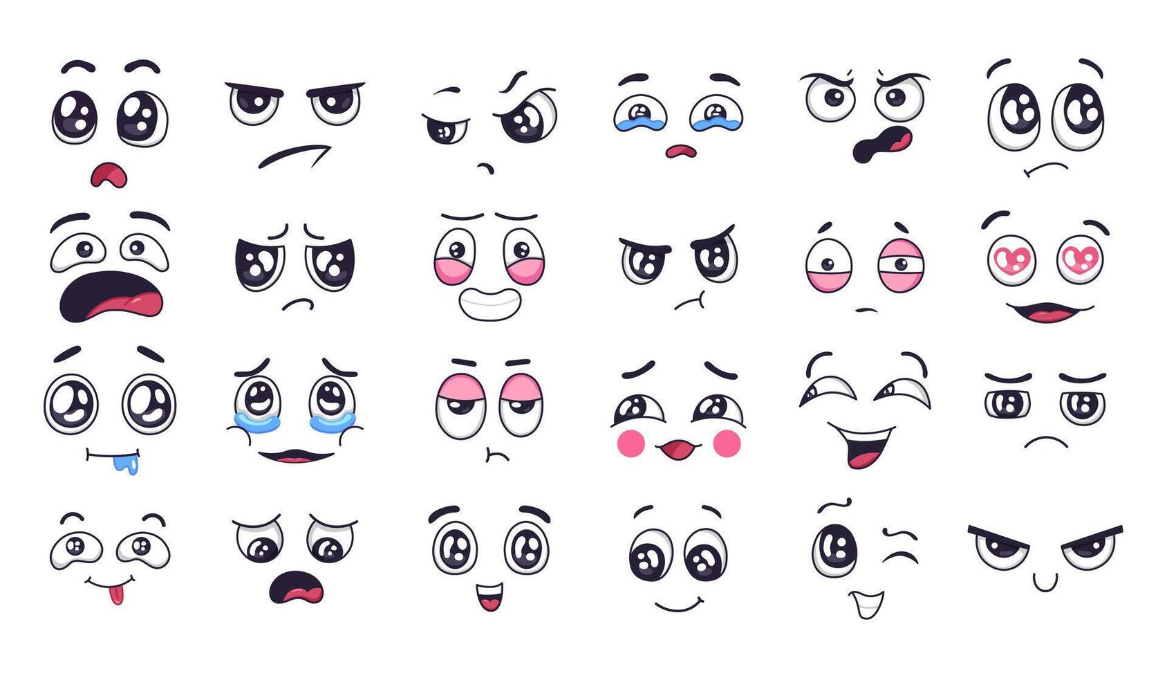Funny cartoon faces. Face expressions, happy and sad mood. Laughing to tears face, smiling mouth and crying eyes. Doodle different moods vector illustration set. Positive and negative emotions