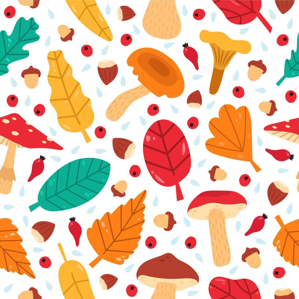 Fall leaves seamless pattern. Hand drawn forest autumn berries, acorns and mushrooms, cozy doodle botanical vector background illustration
