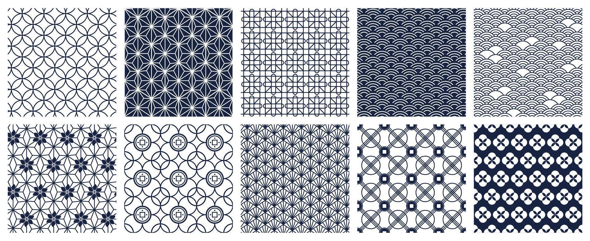 Japanese geometric patterns. Seamless oriental decorative backdrops, geometric ornamental pattern. Traditional asian motifs vector background set