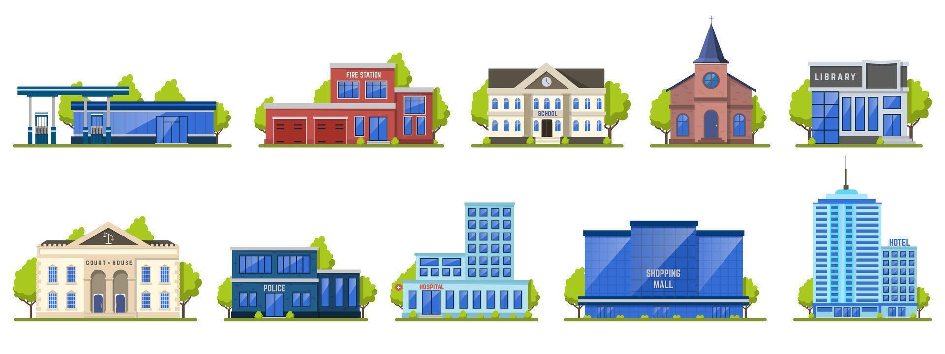 Modern city building. Public contemporary shopping center exterior, school facade, hotel and fire station isolated vector illustration icons set