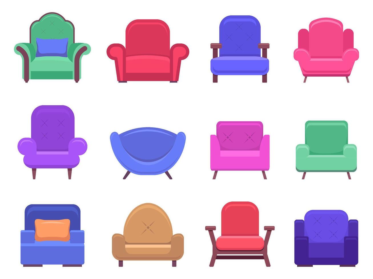 Armchair furniture. Armchair sofa, apartment interior comfortable furniture, modern cozy domestic chair vector isolated illustration icons set