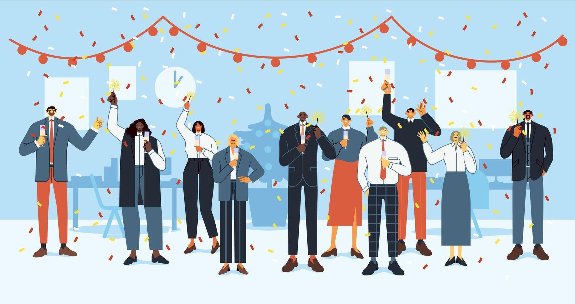 New Year office party. Happy employees celebrate holidays, business office crew christmas party and corporate people celebrate together flat vector illustration. Firm personnel with sparklers