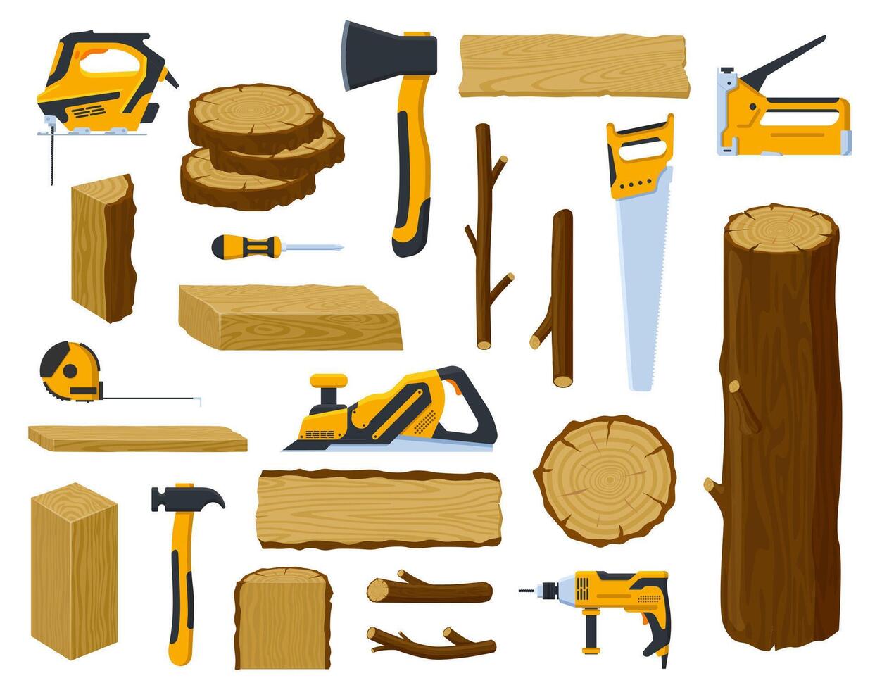 carpintería herramientas. Tablas de madera industria madera material árbol trompa, tablones, apilado leña y hacha, circular sierra, martillo vector ilustración símbolos conjunto