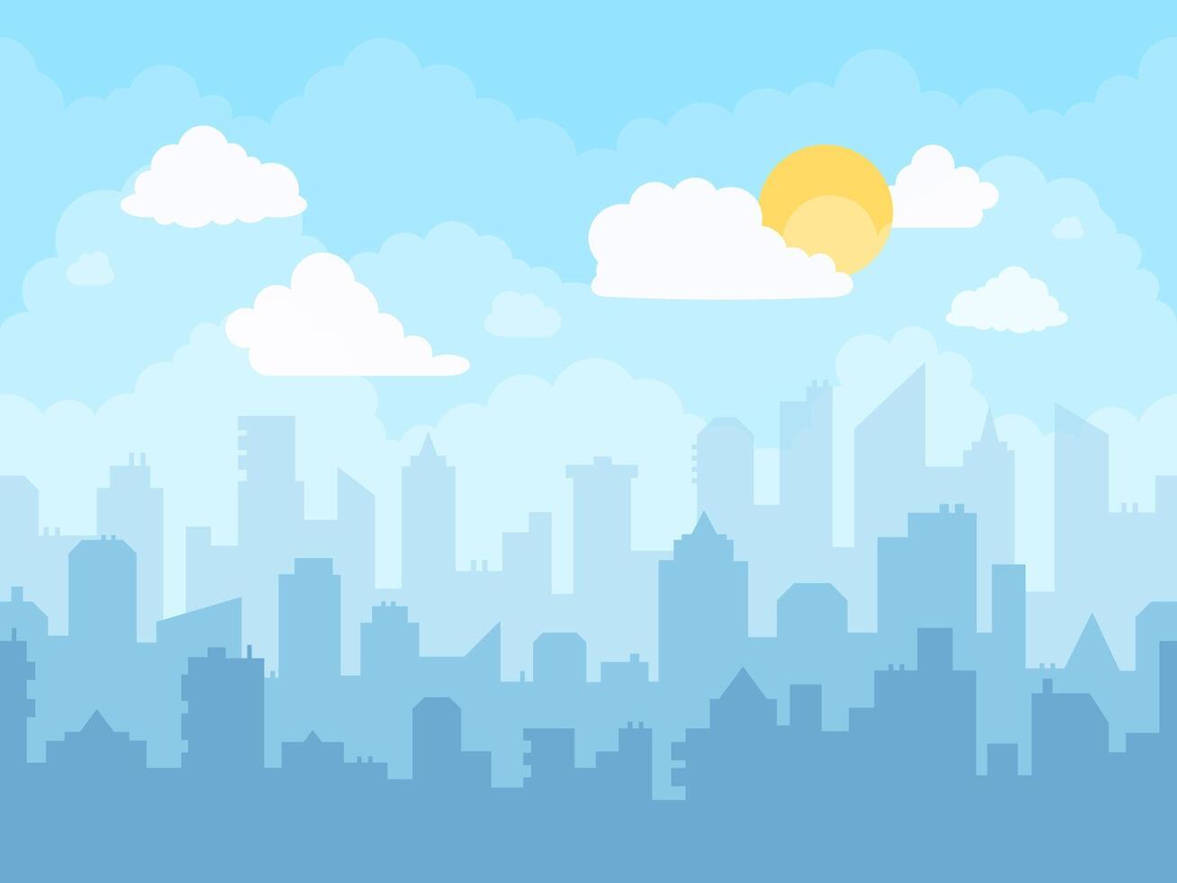 Cartoon blue sky cityscape. Cloudy sky, city skyline landscape, midday graphic urban silhouette cityscape illustration and town building layers bright vector background. Downtown skyscrapers view
