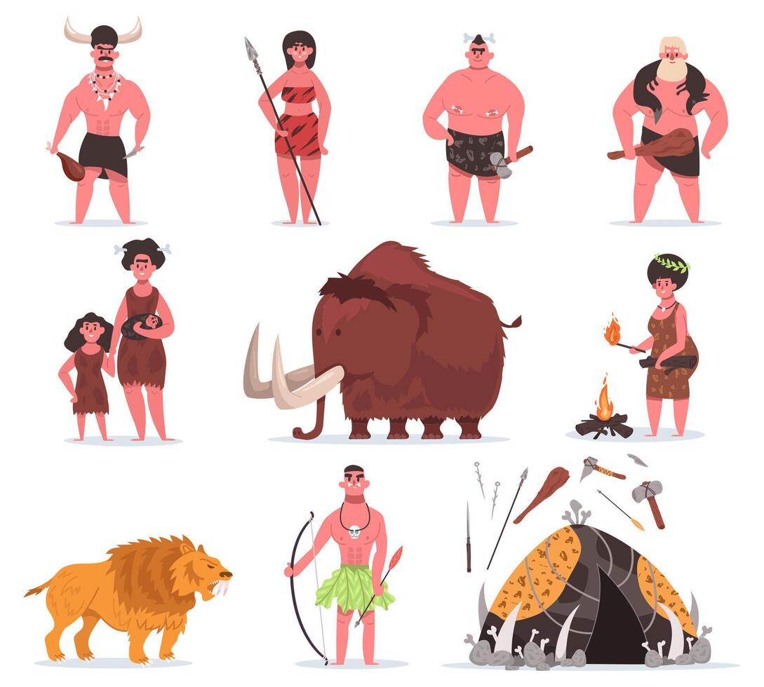 Stone age characters. Caveman, primitive characters, ancient animals and weapons tool. Primitive prehistoric period vector illustration set