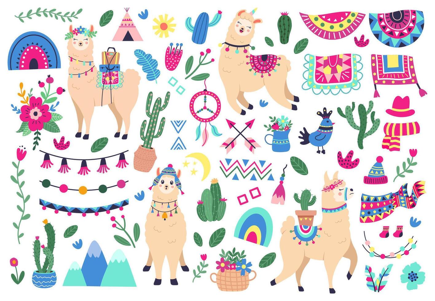 mexicano linda llamas llama y peruano alpaca fauna silvestre animales, gracioso llamas caracteres y Perú étnico símbolos vector ilustración íconos conjunto