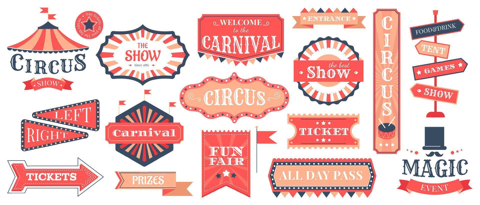 Circus event labels. Carnival magic show elements, vintage fair frames and circus signs, retro festival templates vector illustration set