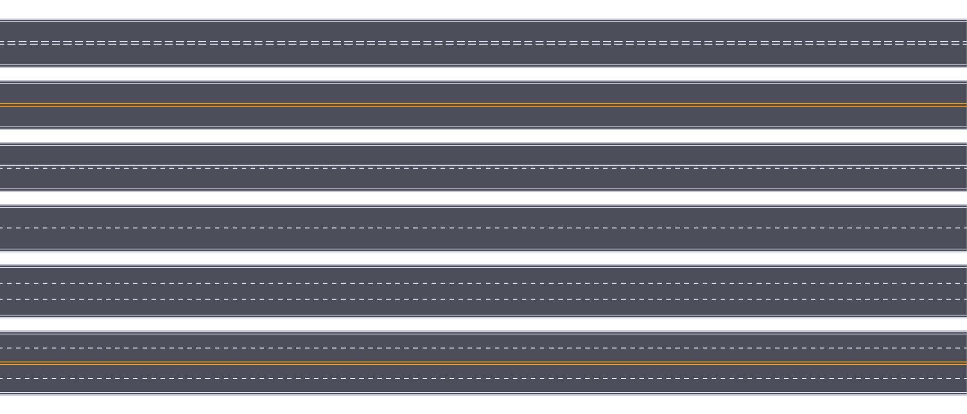 Tow view road. Highway horizontal asphalt marked roads, urban street straight roadway marking vector illustration set