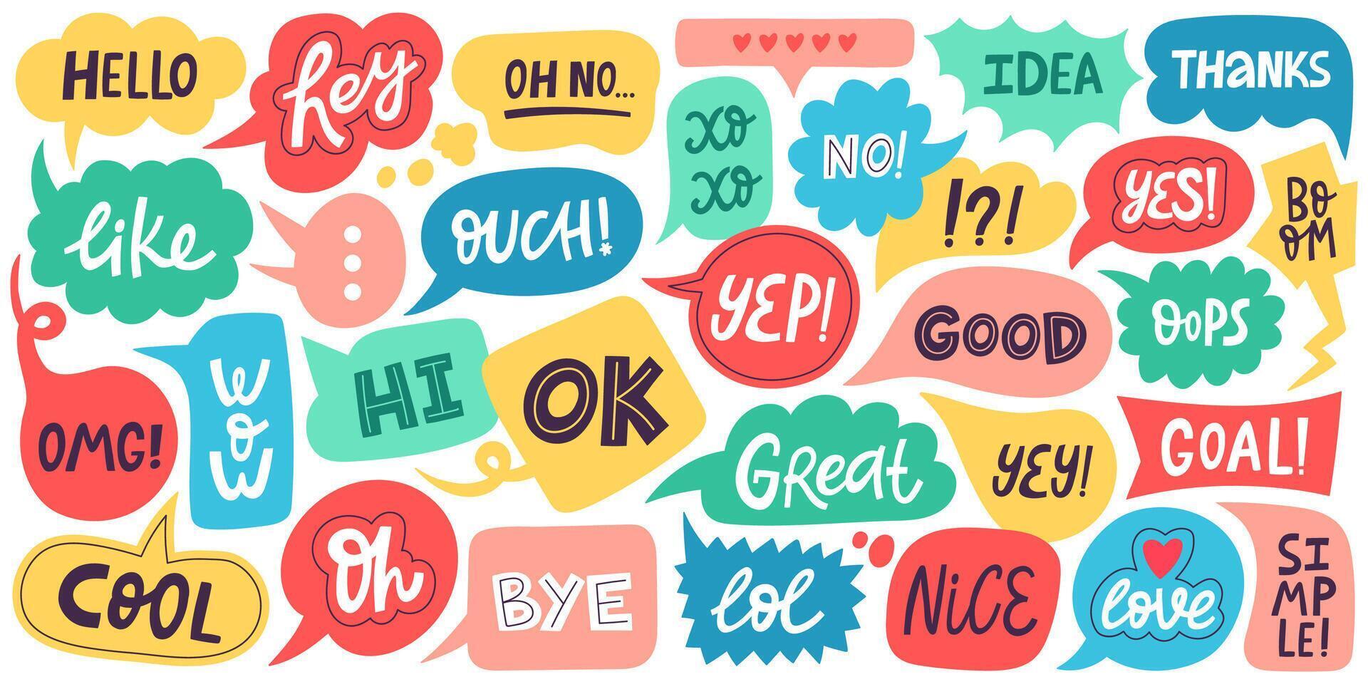 Dialogue speech bubbles. Chat balloons, small talk frames, conversation clouds with greeting phrases. Dialogue chat bubbles vector symbols