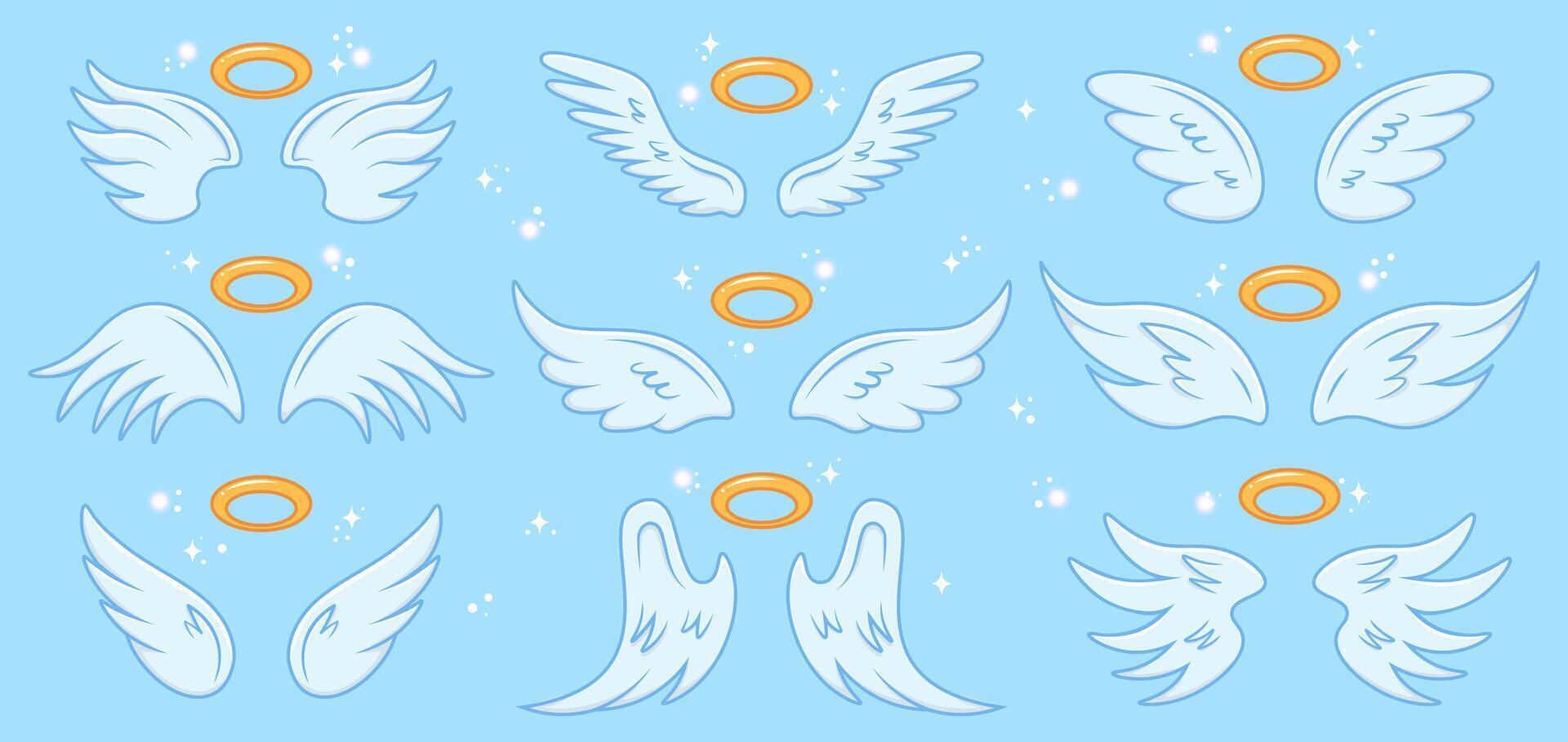 Angel wings. Cartoon angels wing and nimbus, winged angel holy sign, heaven elegant angel wings vector illustration icons set