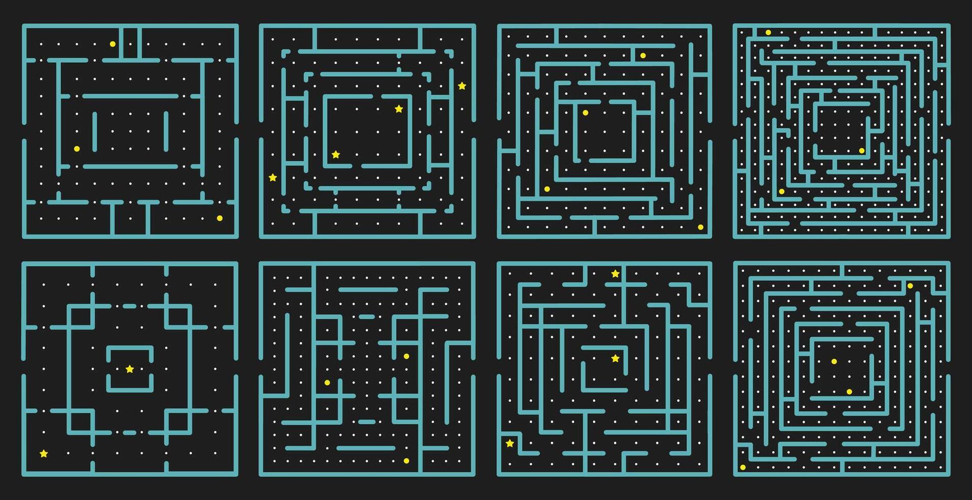 Maze arcade game. Rectangle labyrinth puzzle, arcade maze conundrum, children educational maze game. Labyrinth quest vector illustration set
