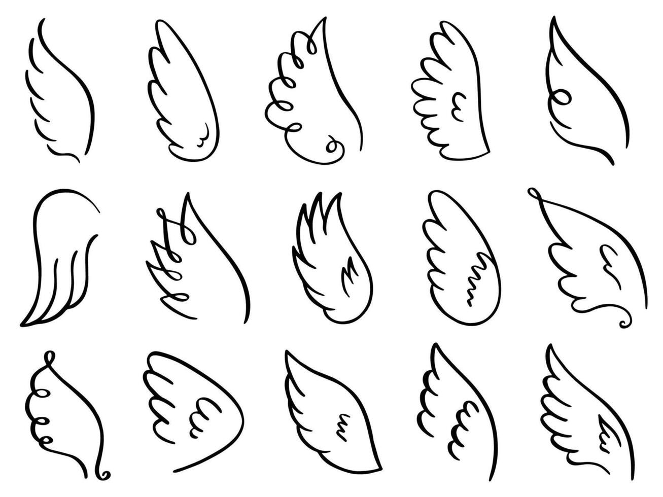 Doodle wings. Hand drawn angel flight feather, elegant angel wings, heaven angels wings sketch vector illustration icons set