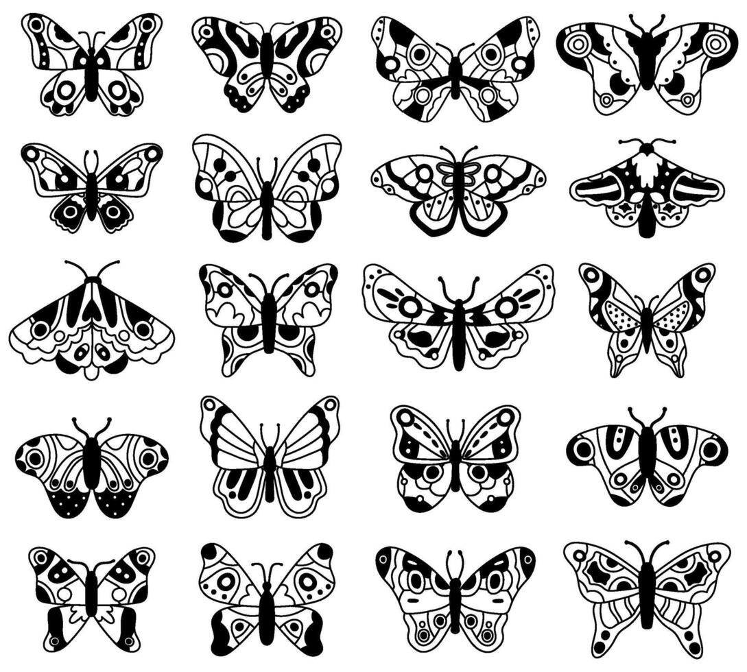 Doodle butterfly. Sketch flying butterflies, hand drawn spring insects. Graphic drawing flying butterfly vector illustration icons set