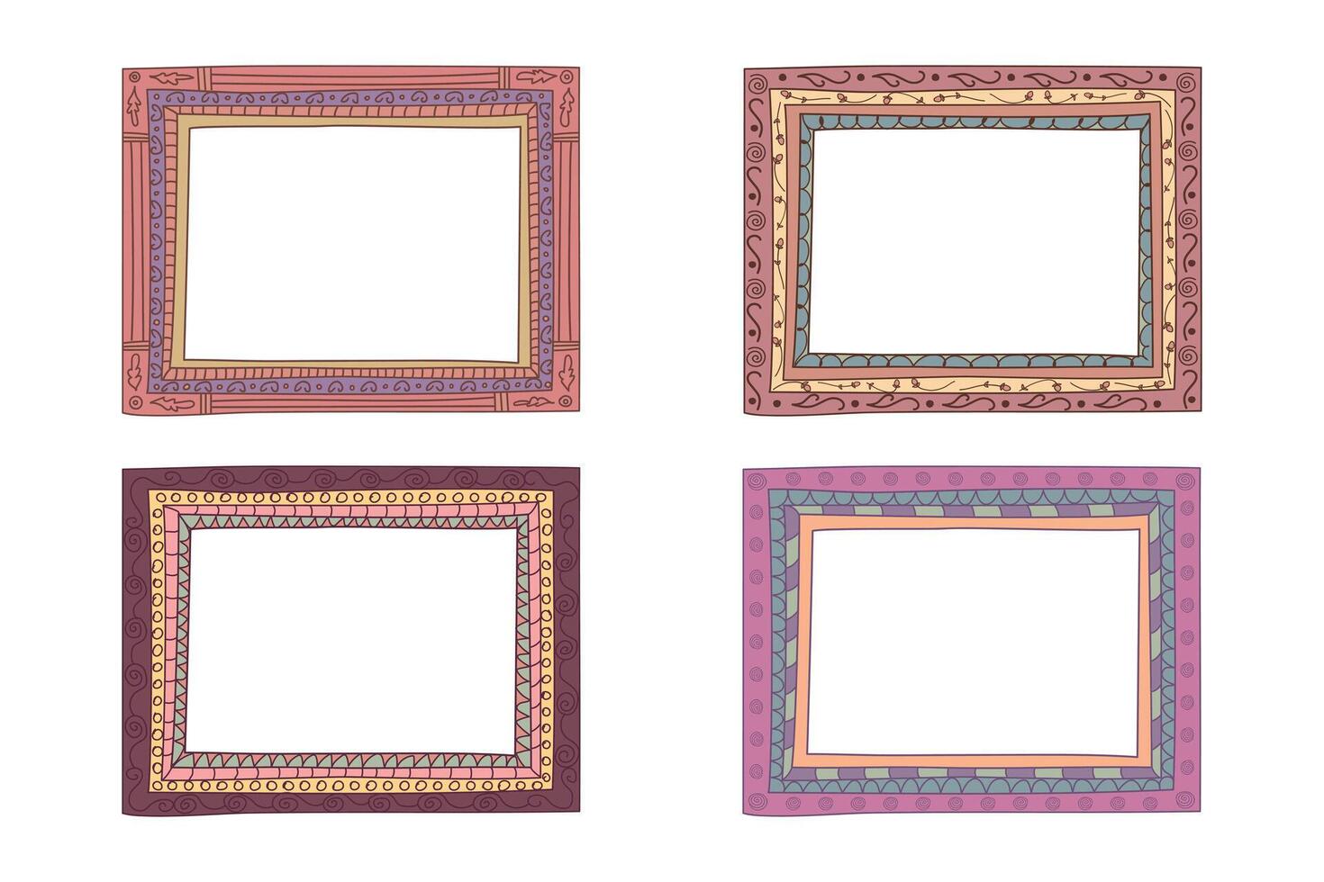 Hand drawn doodle picture frames in childish style set. Vintage hand drawn frames. Vector illustration