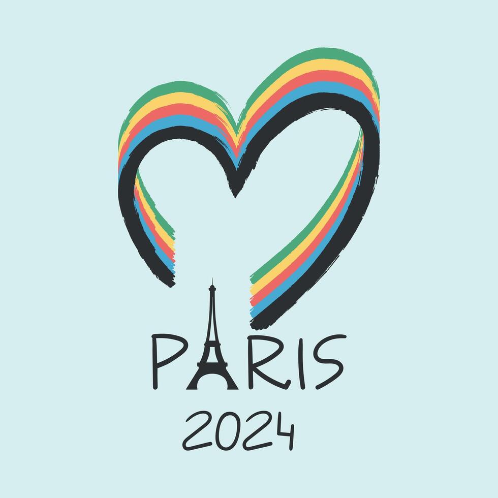Paris 2024 Olympic sport games design. Background with brush painted heart and Eiffel tower silhouette. Vector illustration