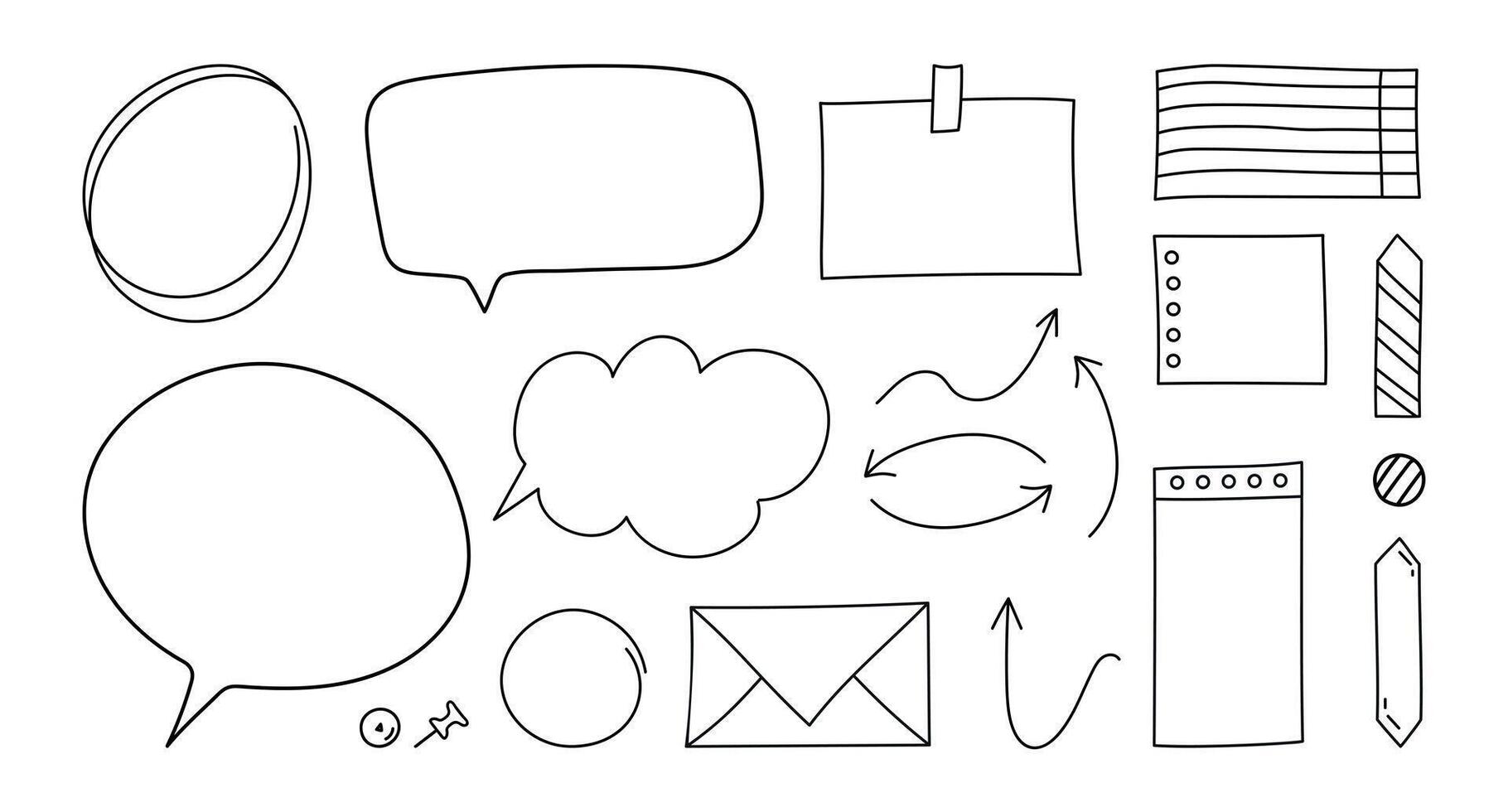 Doodle paper notes set. Paper sheets, speech bubbles, bookmarks, pins and arrows. Vector illustration