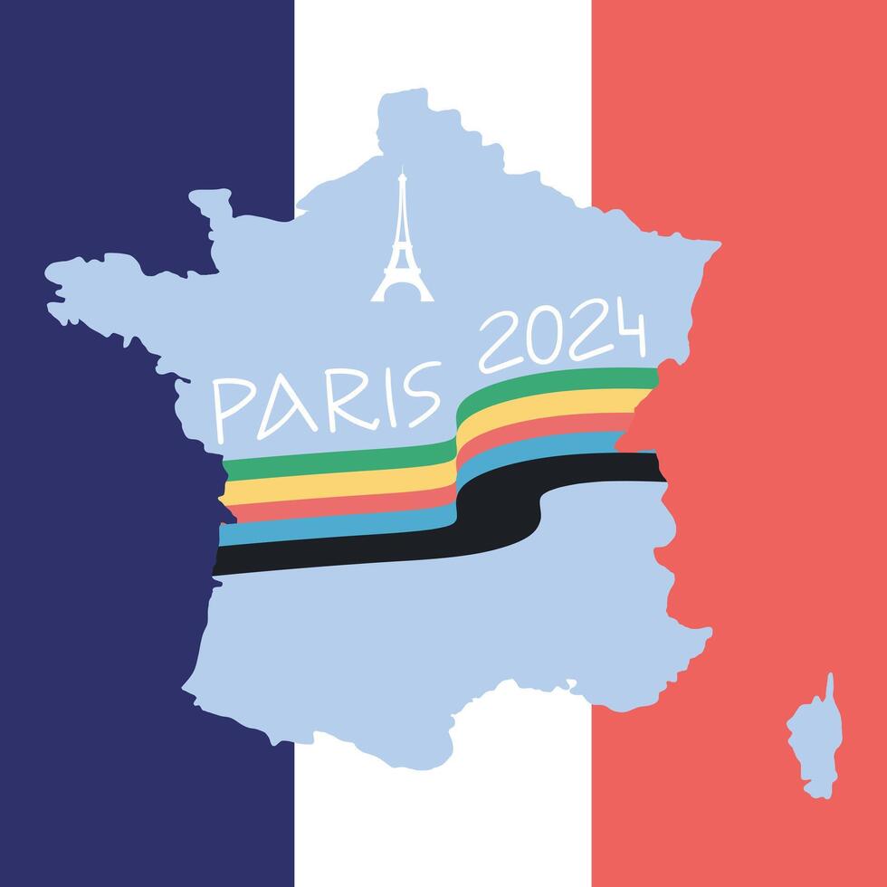 Paris 2024 Olympic sport games design. Silhouette of Eiffel tower and flag in Olympic rings colors. Background in France flag colors. Vector illustration