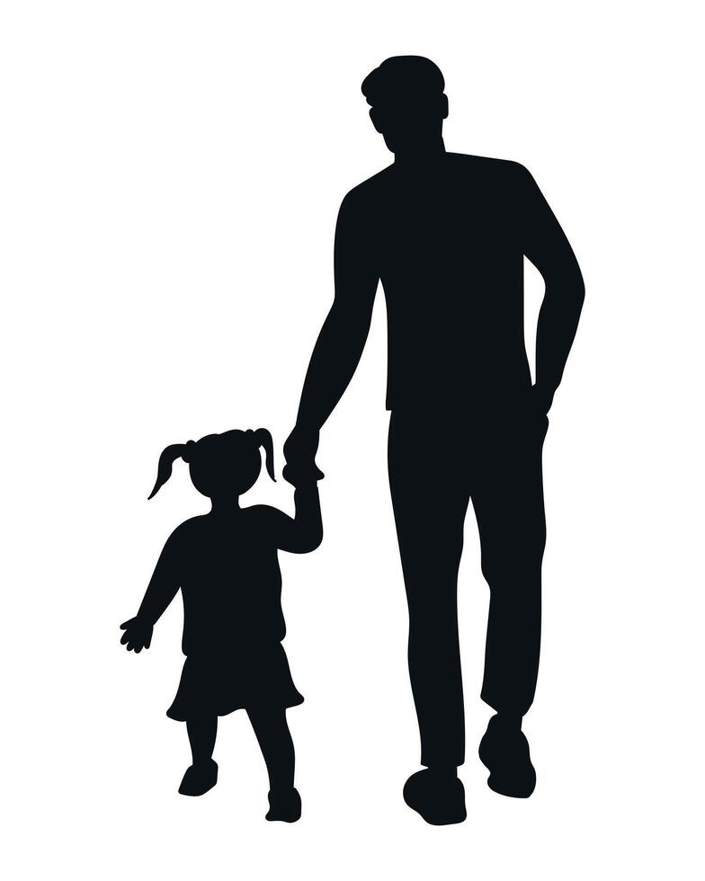 Father walking with a child hand in hand. Dad and daughter silhouette. Fathers Day theme. Vector art