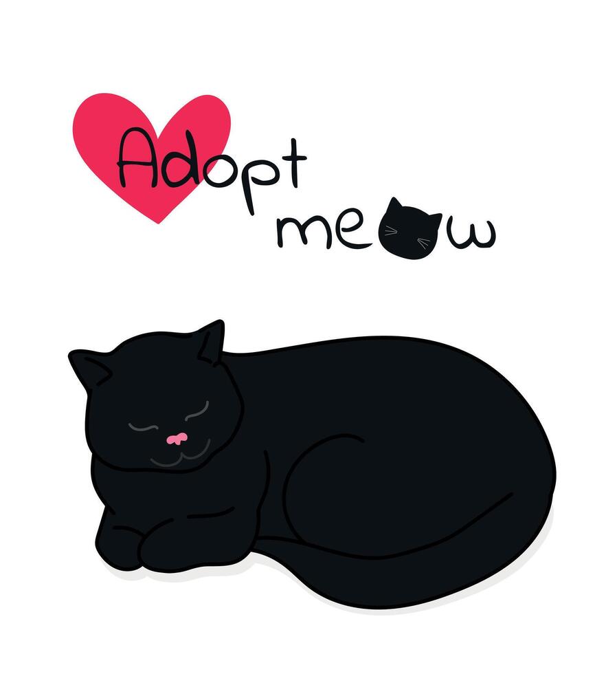 Adopt meow slogan with hand drawn lying black cat. Adopt a pet concept. Vector illustration