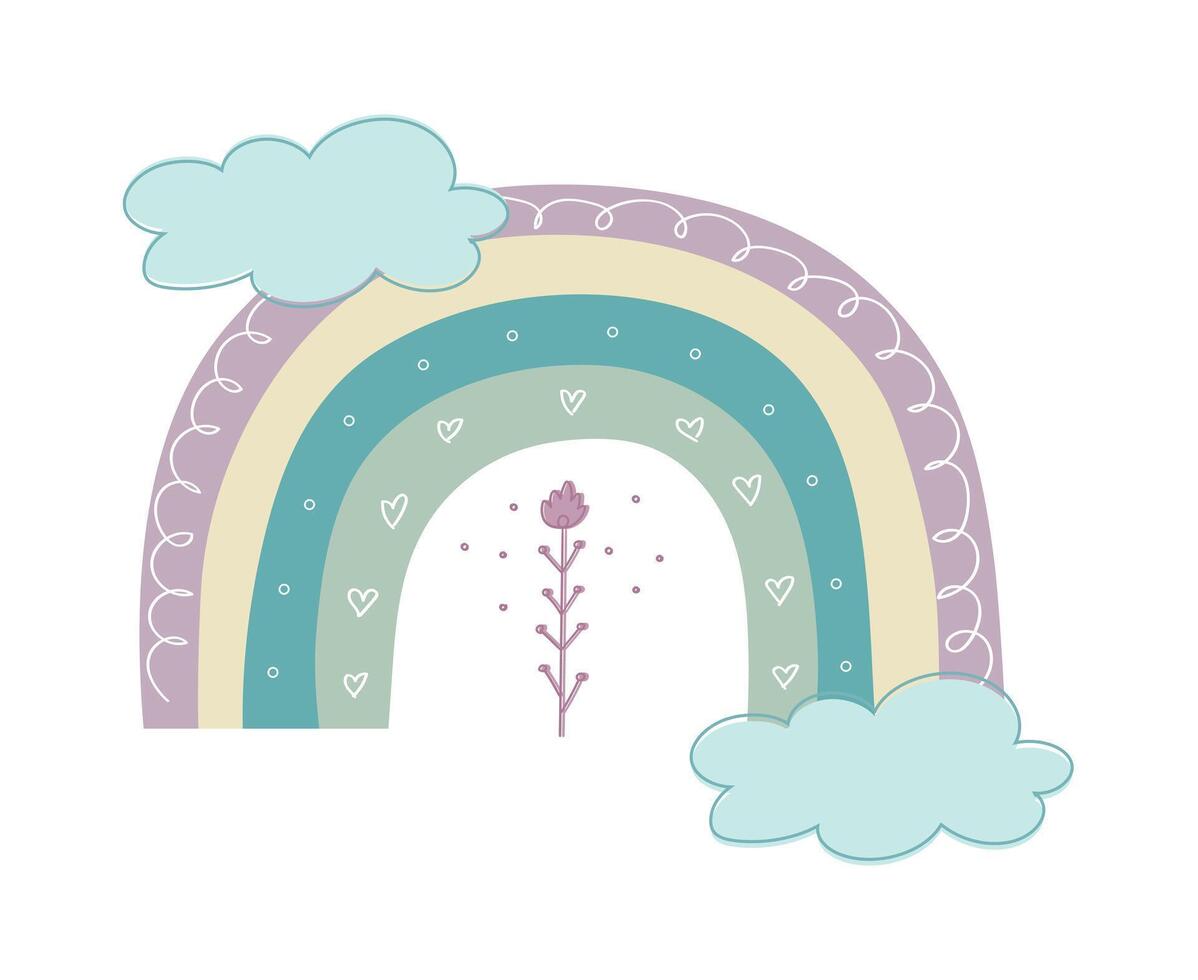 mano dibujado de moda arco iris decorado con flor y nubes escandinavo arcoíris. linda decoración. vector ilustración