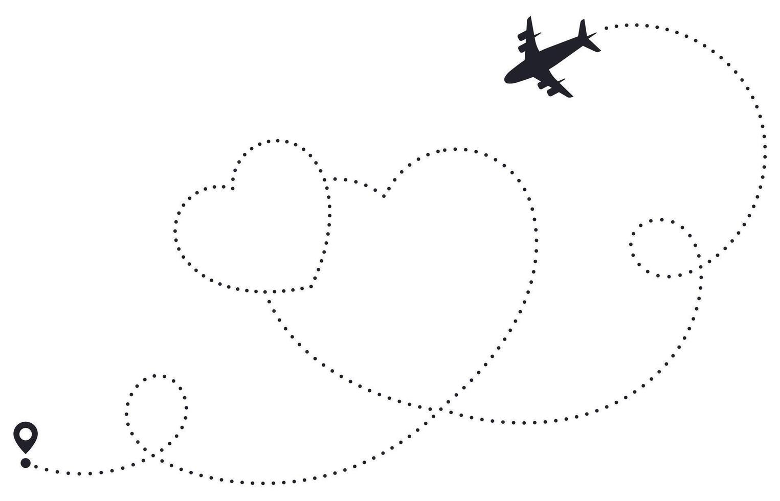 Love airplane route. Heart dotted route, airline destination map, romantic plane routes line, hearted traveling pathway vector illustration