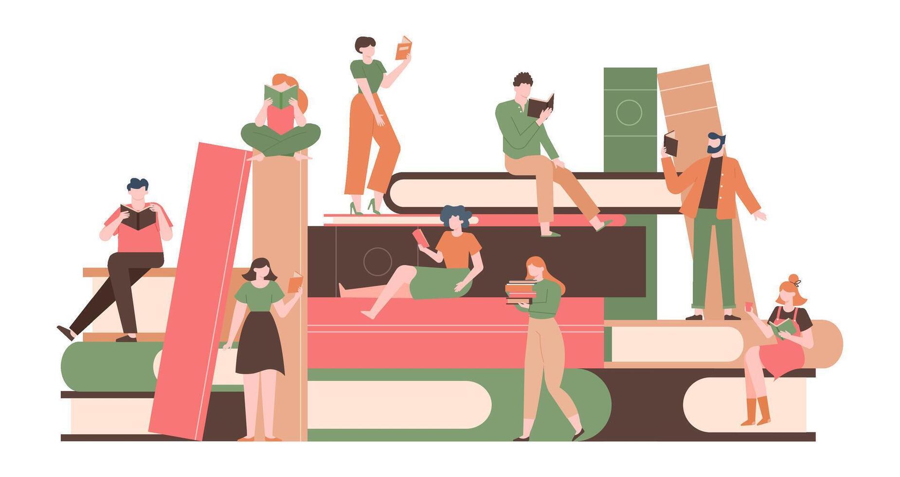 People with books. Reading characters on big books pile, literature fans with huge book stack, reading woman and man isolated vector illustration