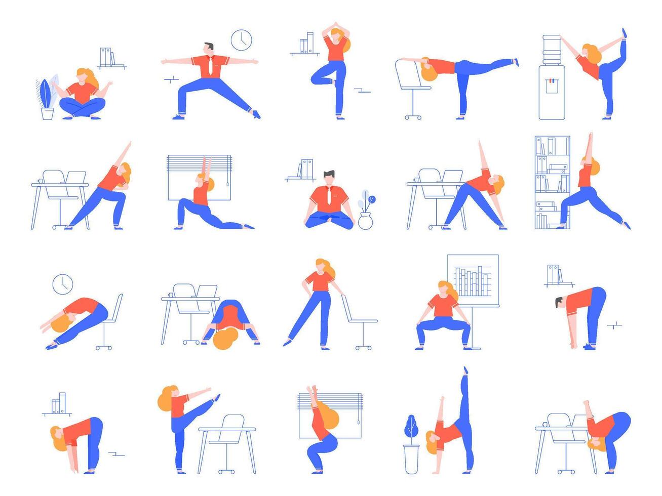 Office yoga exercises. Fitness and yoga workout for office workers, relaxing and stretching in office space vector illustration set. Warming up for clerks. Sport training and asanas at workplace