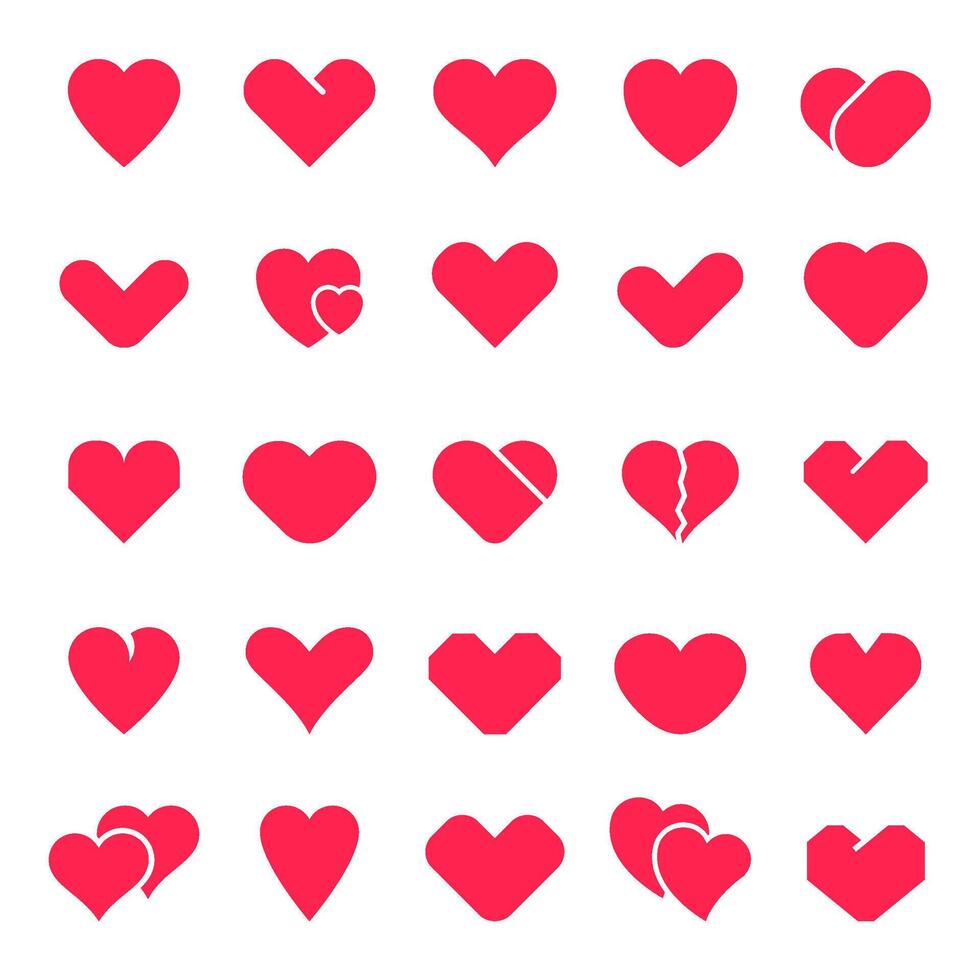 Heart shapes collection. Love symbol, red loving hearts for valentines day greeting card design, elegant romantic elements vector isolated icons set. Holiday flat illustration bundle