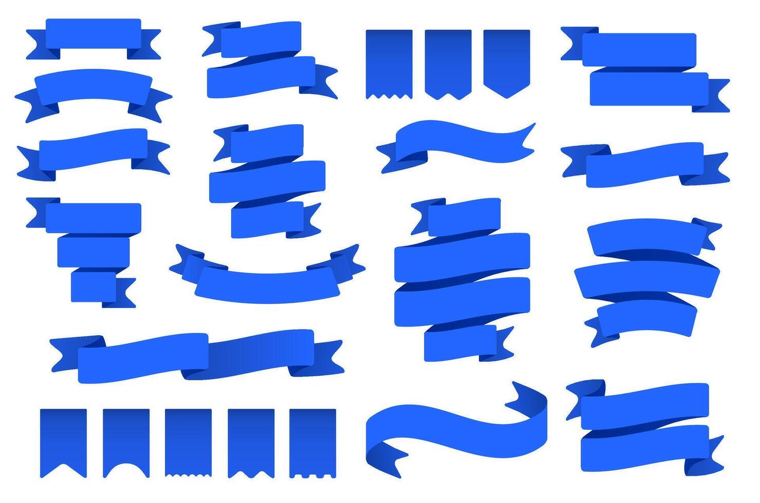 Blue ribbon banners and flags. Flag shape banner, decor tape and curved badge flat vector set. Collection of pennants, labels and streamers. Banderole, flaglike objects. Party and holiday decoration
