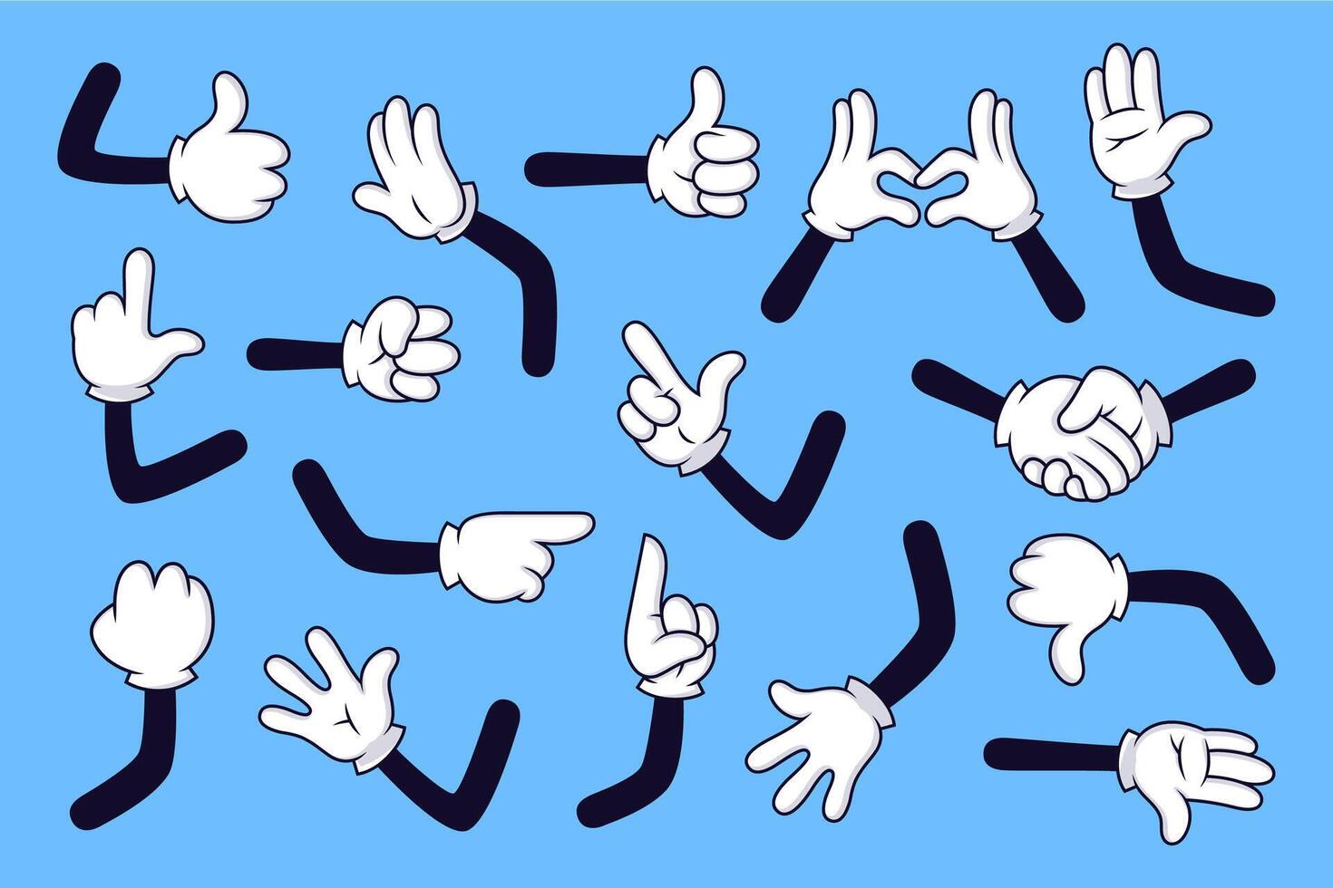 Cartoon arms. Gloved hands with different gestures, various comic hands in white gloves vector illustration set. Collection of movements and signs on blue background. Cartoon character gesture