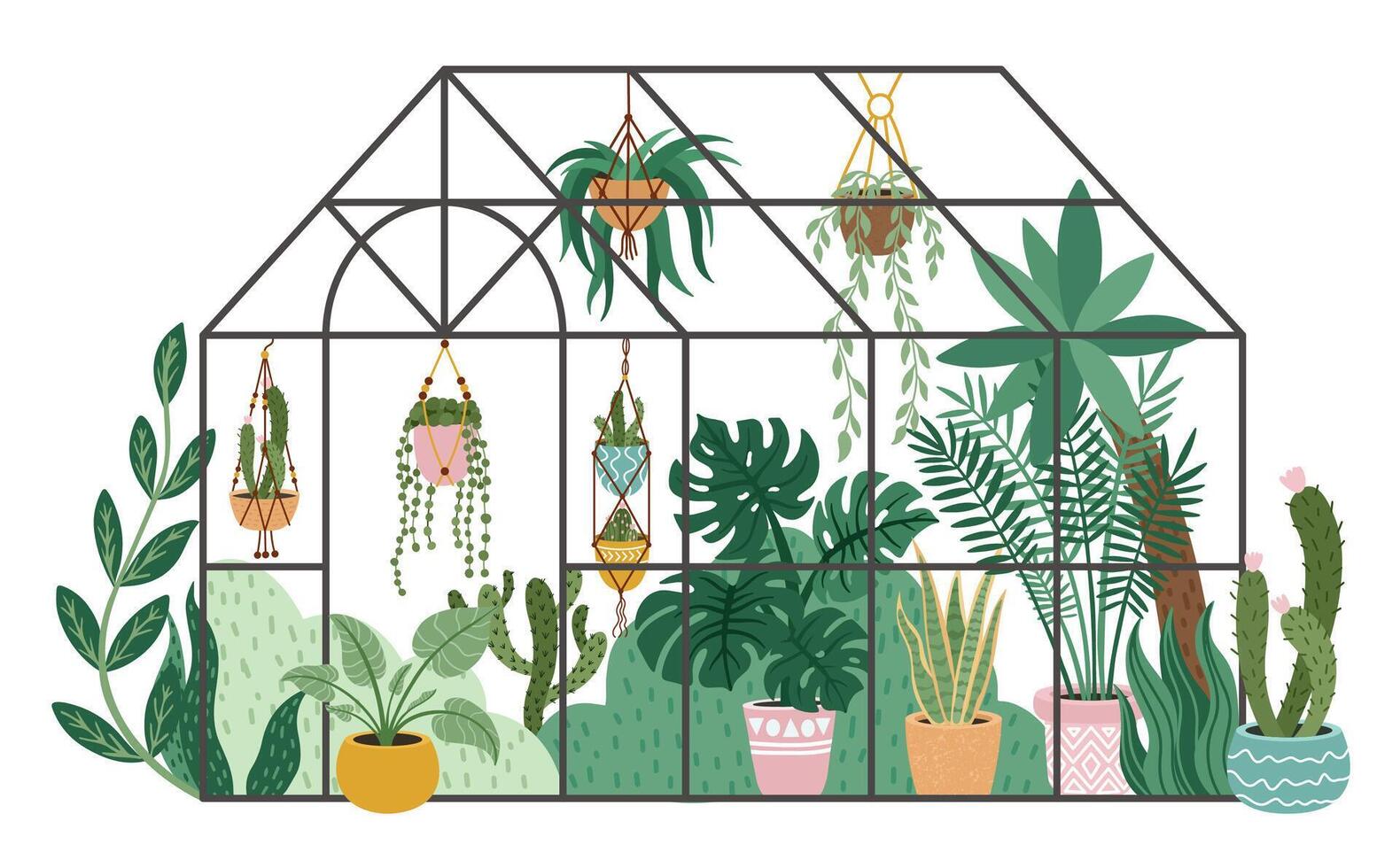 Planting greenhouse. Glass orangery, botanical garden greenhouse, flowers and potted plants home gardening isolated vector illustration