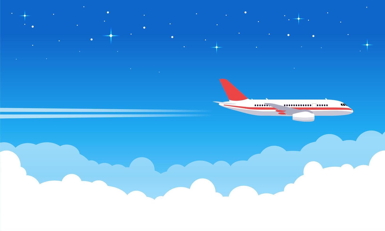 Sky aircraft. Airplane flying in blue sky, flight jet aircraft in clouds, airliner vacation or transportation trip vector illustration