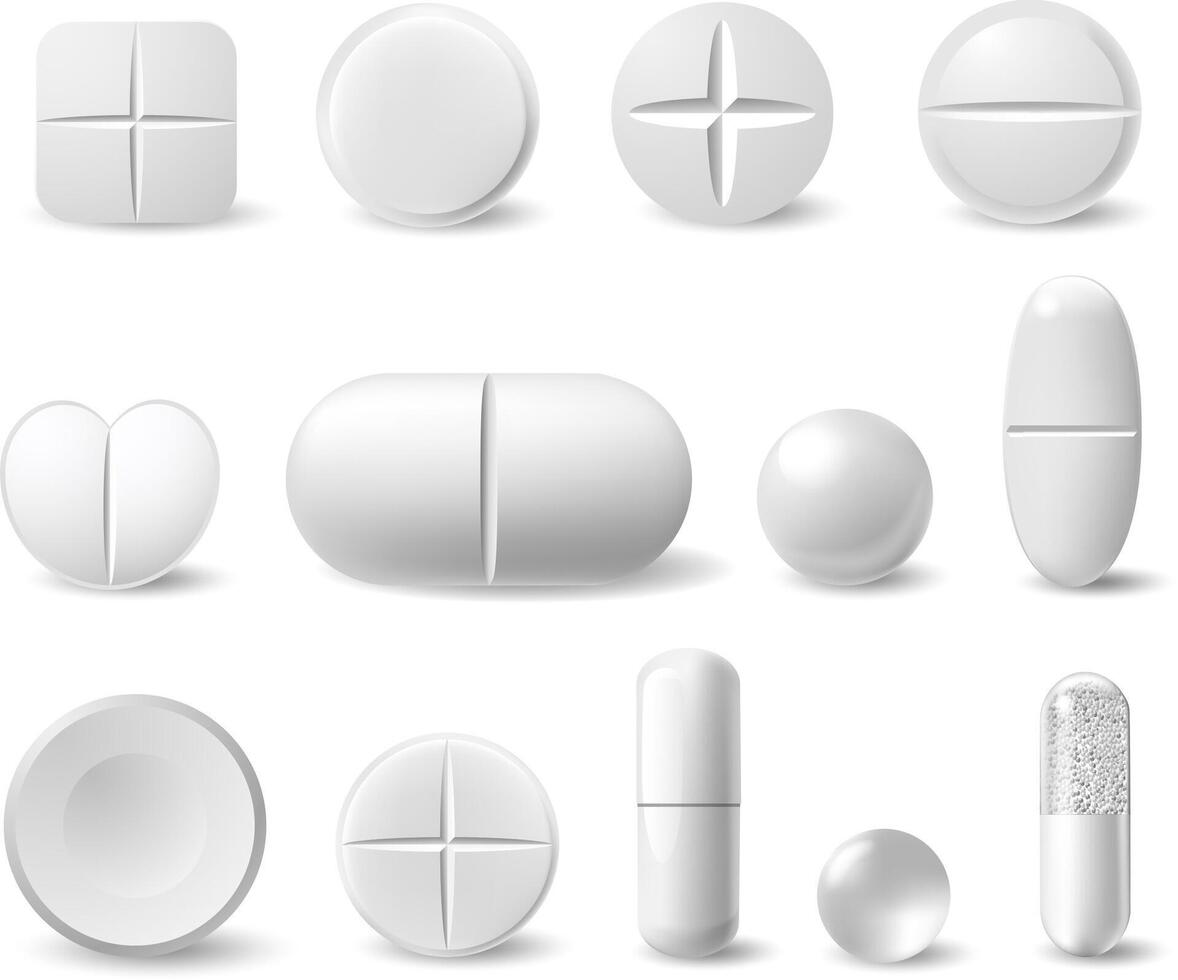 Realistic white medicine pills. Pharmaceutical painkiller drugs, antibiotics, vitamins capsule. Chemical healthcare treatment vector icons set