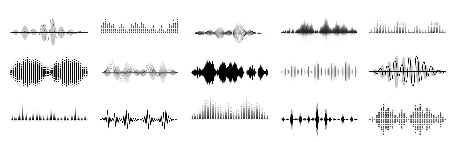 negro sonido ondas. resumen música ola, radio señal frecuencia y digital voz visualización. melodía igualada vector colocar. audio líneas, ondas sonoras ritmo, banda sonora forma aislado en blanco antecedentes