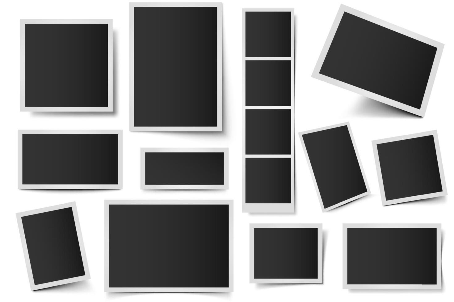 Photo card frames. Rectangular instant photos, square snapshot frame and photo snap with realistic shadow vector set. Blank 3d frames pack. Plastic borders isolated on white background