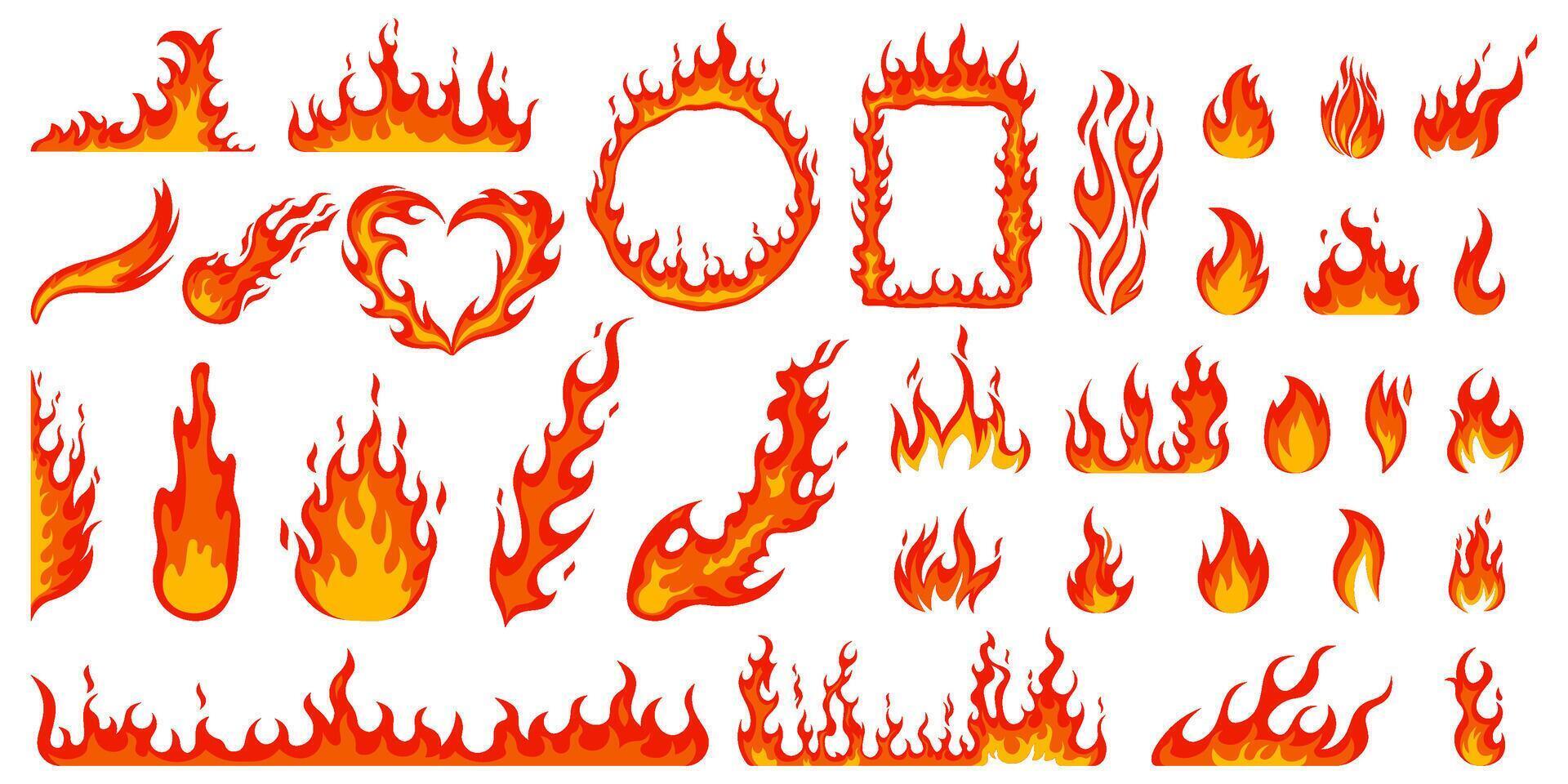 Cartoon campfire. Fire flames, bright fireball, heat wildfire and red hot bonfire, campfire, red fiery flames isolated vector illustration set