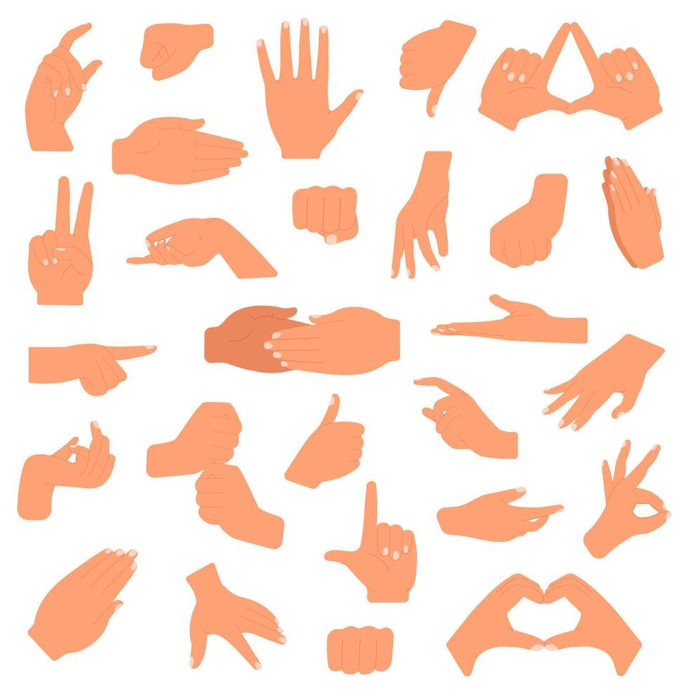 Hand gesture. Pointing hands, gesturing communication language, palm gesture designation isolated vector illustration set