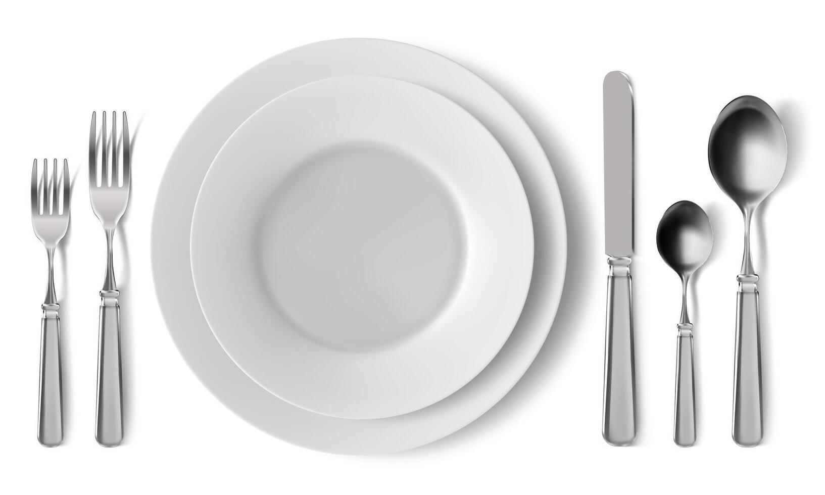 Realistic table cutlery serving. Empty plates with silver cutlery, dinner serving setting. Lunch serving dishes vector illustration