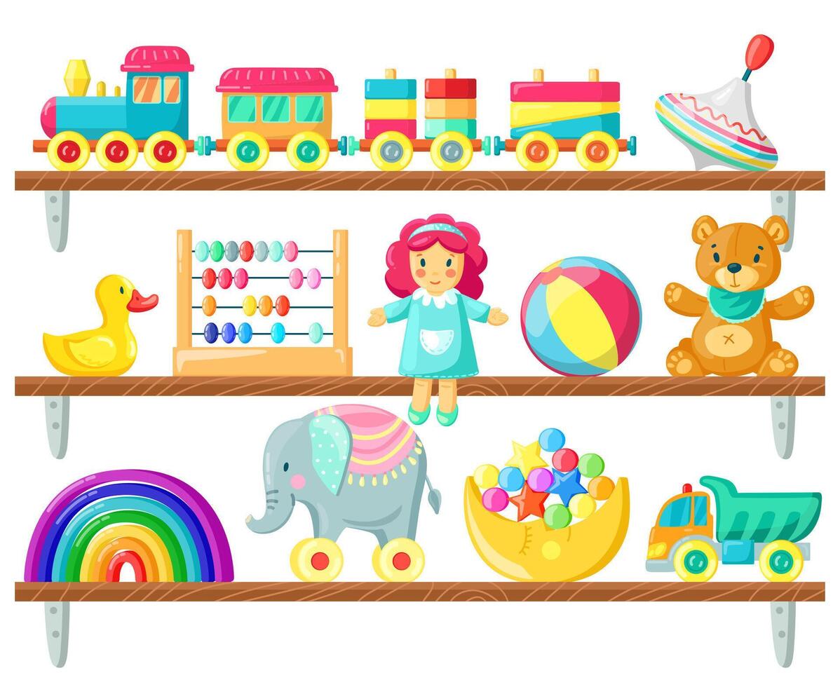 Kids toys on shelves. Baby toys on wooden shelf, ball, plush bear and doll, elements for child games and joy isolated vector illustration