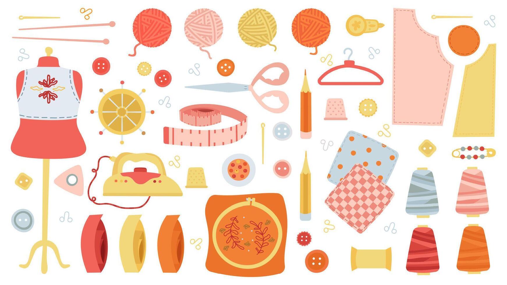Handmade needlework. Sewing and knitting tools, creative hobby sewing machine, scissors, buttons and spools isolated vector illustration set