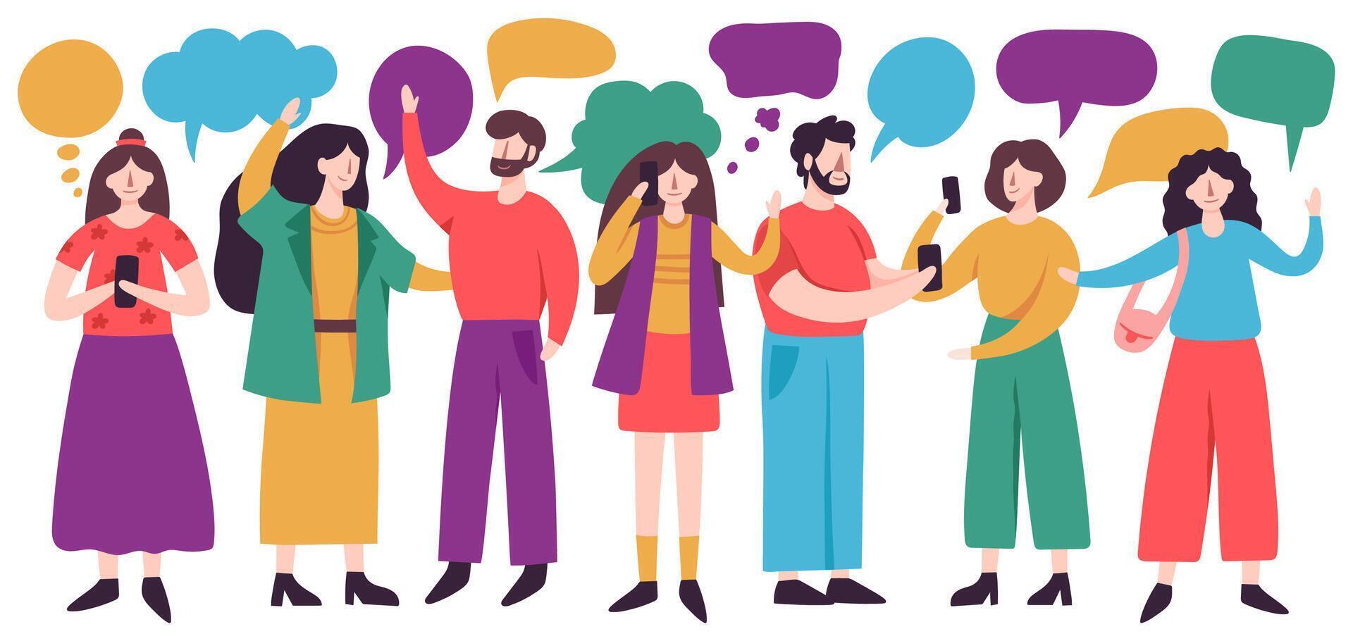 People conversation. Male and female characters chatting with speech bubbles, friends conversation. Social networking vector illustrations