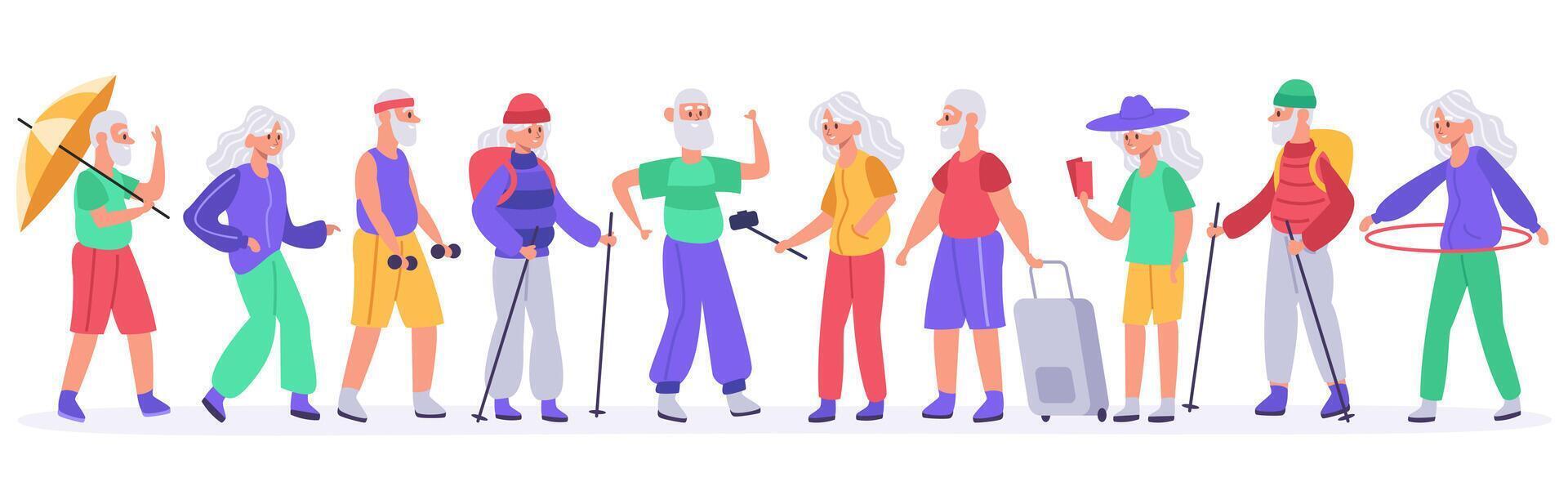 Elderly people. Crowd of active senior elderly people, healthy grandmother, grandfather recreation, old men and women vector illustration set