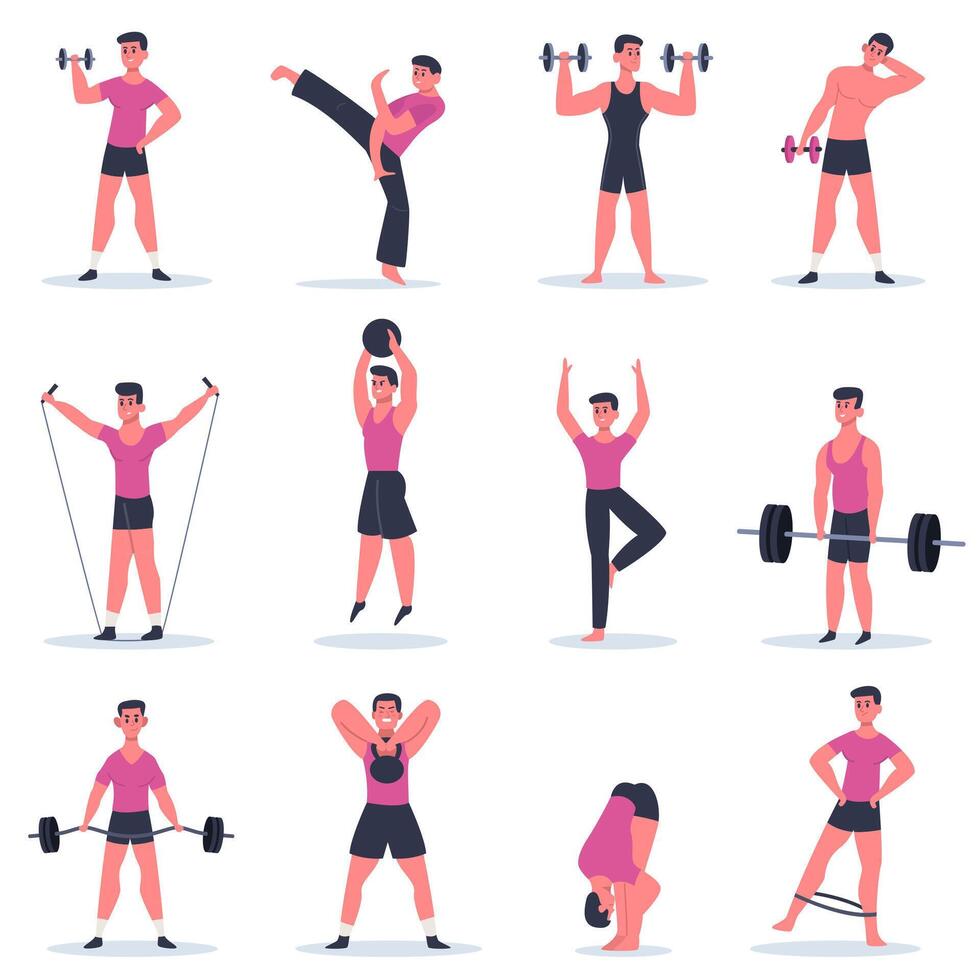 Sport guy. Young man exercising, male character barbell gym training, practice martial arts and crossfit isolated vector illustration collection