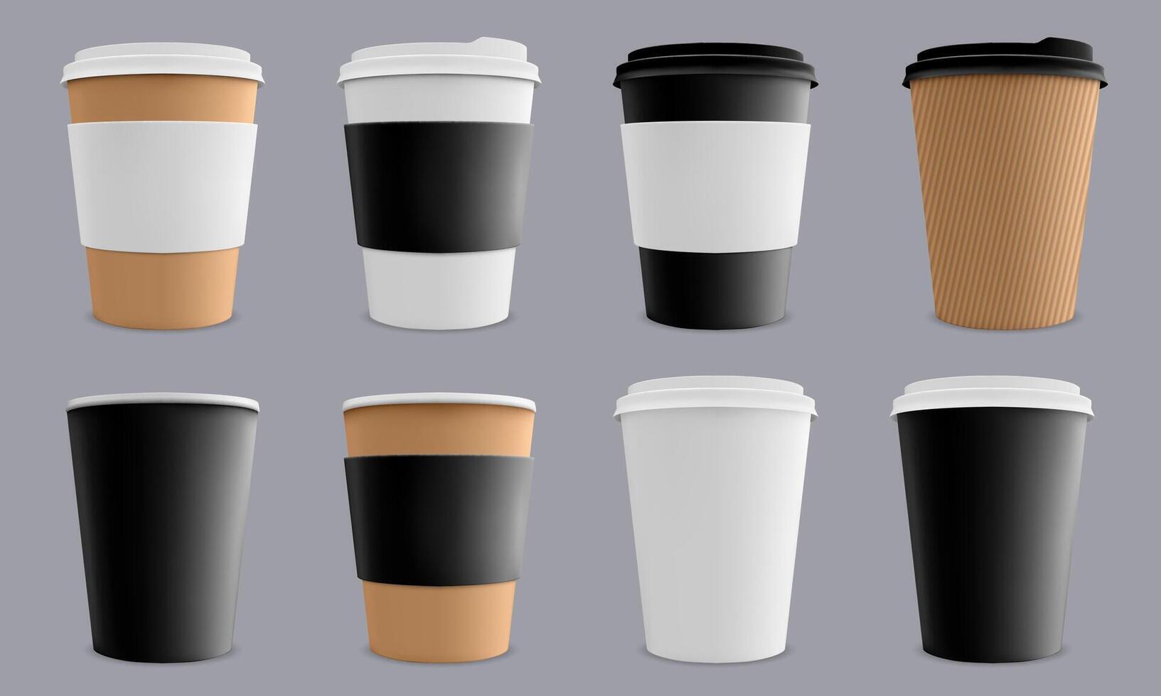 Realistic coffee cup. Paper cardboard coffee cups, cafe or restaurant 3d paper coffee disposable cups mockup isolated vector illustration set